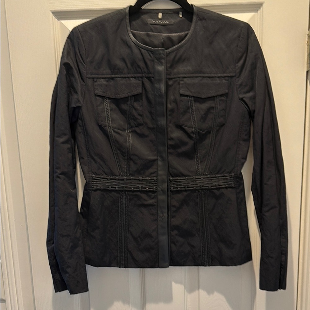 Elie Tahari Black Leather-Trim Round Neck Jacket. Size S exc condition